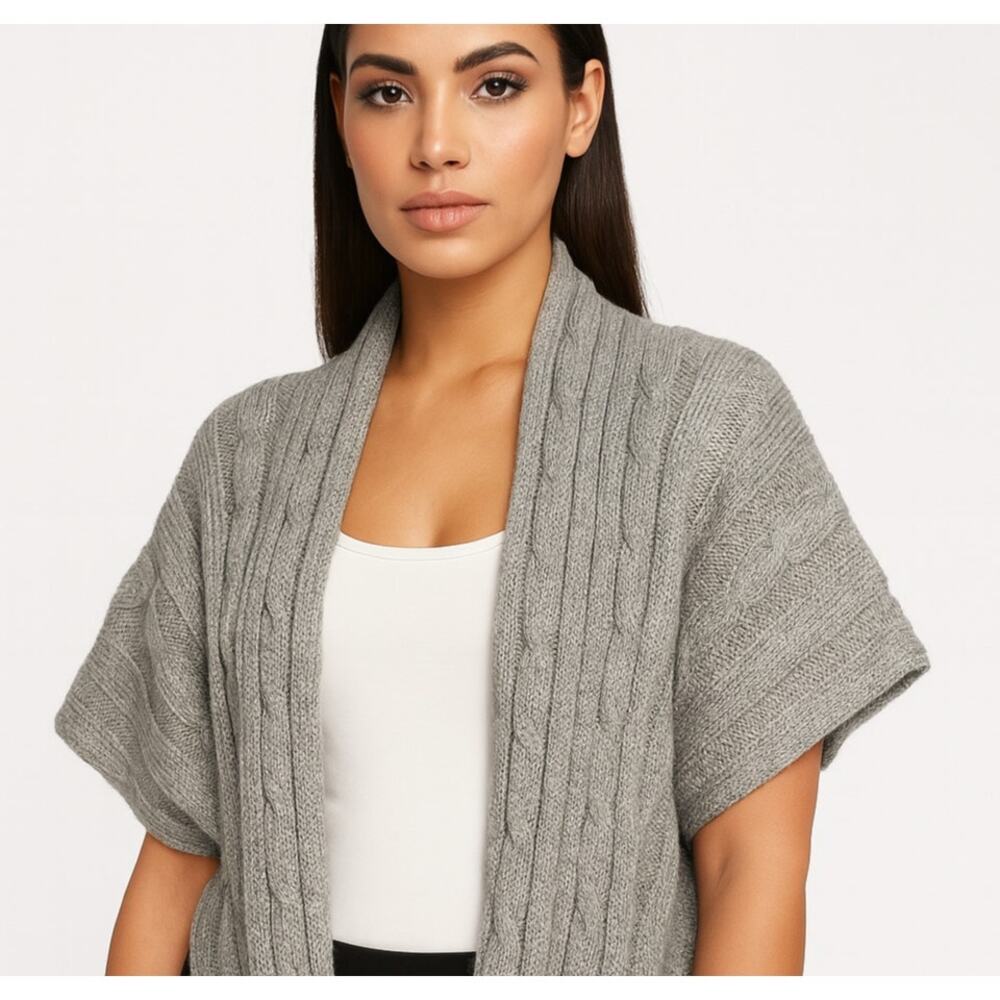INC Sweater Womens Large Gray Short Sleeve Cable Knit Shrug Shawl Open Front